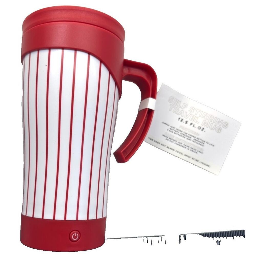 Vivitar Self Stirring Travel Mug 13.5oz Red White Stripe Battery‎ Operated NEW